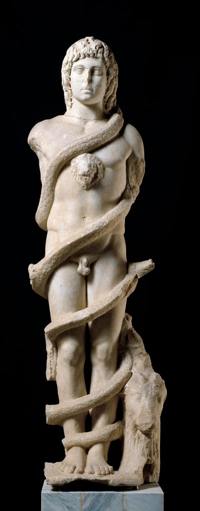 Culte mithriaque : représentation de la divinité Mithra avec Chronos, le serpent enroulé, symbole du temps - Roman