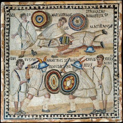 Mosaïque représentant le combat entre deux équites nommés Simmachius et Maternus, romain, 3ème siècle après J.-C. - Roman