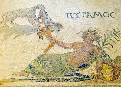 Pyrame et Thisbé, (détail) de Pyrame et du léopard, Maison de Dionysos, Paphos, Chypre mosaïque - Roman