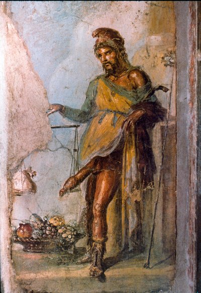 Représentation de la divinité grecque Priape, dieu de la fertilité, avec un énorme pénis constamment en érection. Détail d