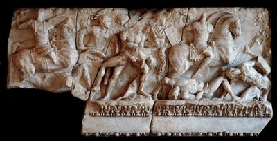 Art romain : fragment de sarcophage en marbre représentant une scène de bataille entre Gaulois et Romains, 20 apr. J.-C. Dim 87x173 cm Mantoue, Palazzo Ducale, Coll - Roman