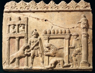 Relief romain représentant des lions et des gladiateurs combattant dans le cirque - Roman