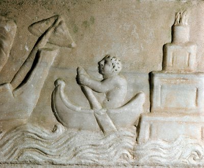 Art romain : un marin guidant un navire dans le port d