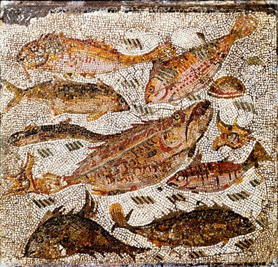 Art romain : mosaïque représentant des poissons. 1er ou 2ème siècle après J.-C. De la Villa dei Settimii sur la Via Cassia. Rome, Museo Nazionale Romano - Roman