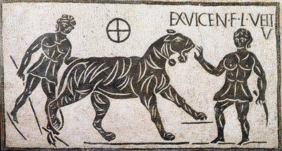 Art romain : « deux femmes domptant un tigre ». Mosaïque de Castro Pretorio à Rome. 1er siècle après J.-C. Rome, Musée national romain - Roman
