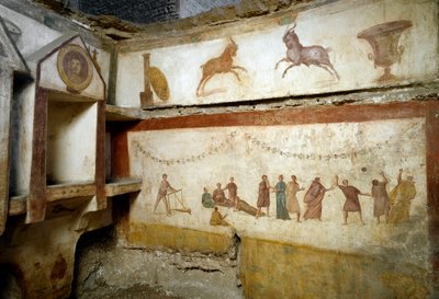 Art romain : jeunes gens jouant. Fresques décorant une tombe de la Via portuense. IIe siècle. H. 90 cm Rome, Museo Nazionale Romano (ou des Thermes) Italie - Roman