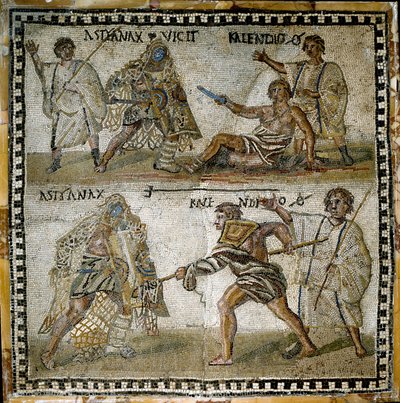 Scène de combats de gladiateurs, entre un rétiaire et un secutor, IVe siècle (mosaïque) - Roman