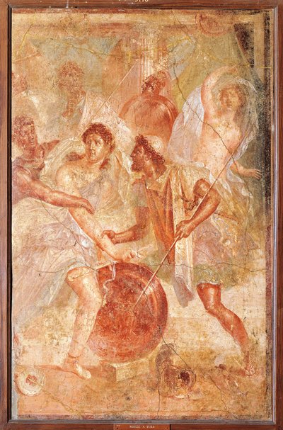 Ulysse et Diomède reconnaissant Achille déguisé en Pyrrha parmi les filles de Lycomède à Skyros, de Pompéi - Roman