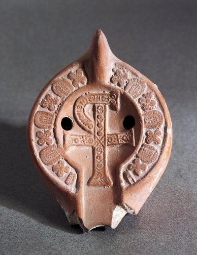 Lampe décorée avec Chi-Rho, terre cuite - Roman Roman