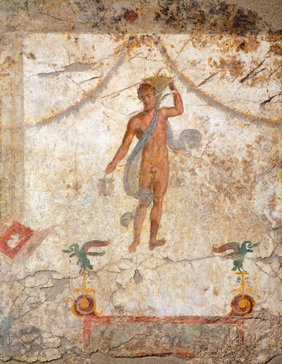 Peinture du quatrième style pompéien représentant un Génie avec un panier et une situle - Roman Roman