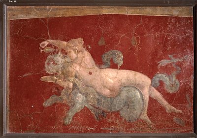 ART ROMAIN : Néréide sur une panthère de mer à qui elle tend un verre dans une coupe basse (fresque) - Roman Roman