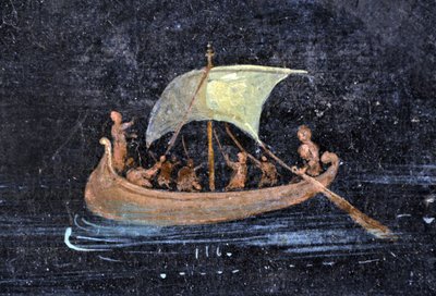 Art romain : scène de rivière - bateau et marins sur une rivière - fragment d