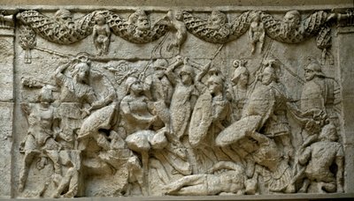 Scène de bataille entre Romains et Gaulois. Reproduction d