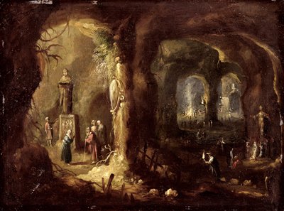 Grotte avec statues et nombreuses figures adorant des idoles (St Siméon Stylite), vers 1640 - Rombout van Troyen