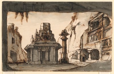 Décor de scène, bâtiments orientaux parmi des grottes et des rochers - Romolo Achille Liverani