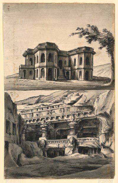 Conceptions de scène, château dans le paysage et temples et grottes - Romolo Achille Liverani