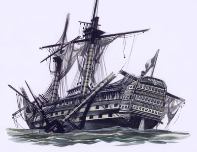 HMS Victory après la bataille de Trafalgar, avec le mât de misaine abattu (gouache sur papier) - Ron Embleton