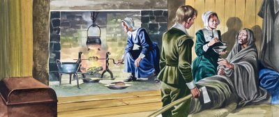 Les Pères pèlerins dans des maisons à moitié construites - Ron Embleton