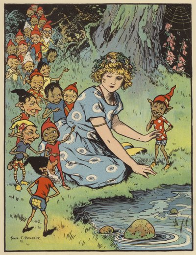 Fille entourée de lutins (lithographie en couleur) - Rosa Petherick
