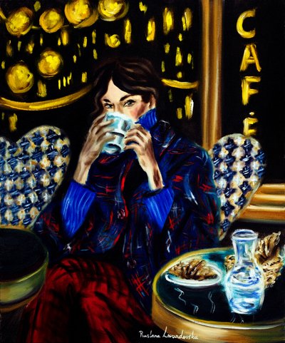 Femme à une terrasse de Paris, 2025 (huile sur toile) - Ruslana Levandovska