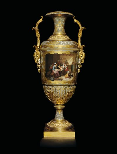 Vase à deux anses en porcelaine et feuille d