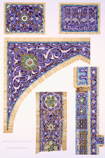 Carrelage décoratif en bleu, vert et crème avec des contours dorés, pub. 1905 - Russian School