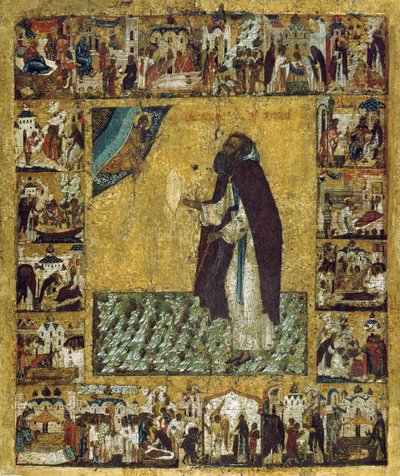 Saint Barlaam de Khutyn avec des scènes de sa vie, années 1560 - Russian icon.