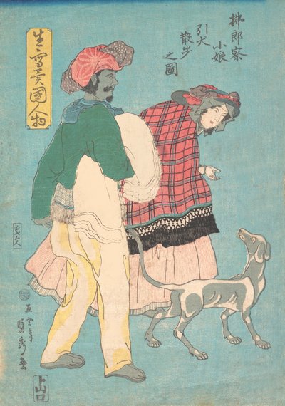 Une jeune Française et un serviteur siamois promenant un chien, novembre 1860 - Sadahide Utagawa