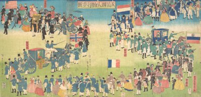 Procession de personnes de cinq pays : Hollande, Russie, France, Angleterre et Amérique, 1861. - Sadahide Utagawa