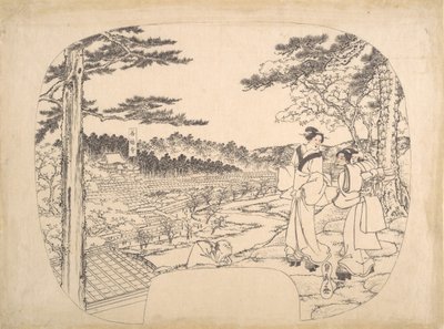 Deux femmes admirant les vues depuis un point de vue...le temple Zenpukuji, 19ème siècle - Sadahide Utagawa