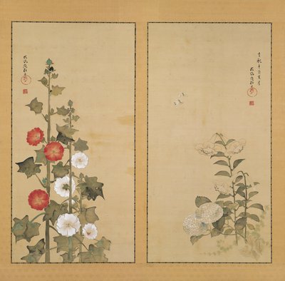 Lys avec hortensias et roses trémières - Sakai Hoitsu