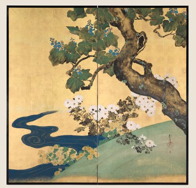 Paulownias et chrysanthèmes, paravent à deux volets - Sakai Hoitsu