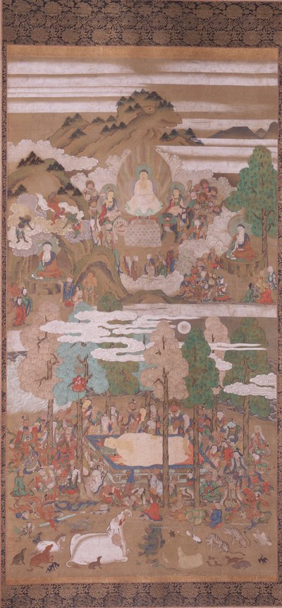 Mort du Bouddha Sakyamuni (encre, couleur et or sur soie) - Sakon Sadatsuna