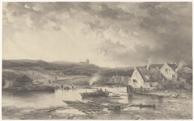 Paysage fluvial avec quelques maisons et un moulin à eau - Salomon Leonardus Verveer