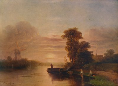 Coucher de soleil sur une rivière, avec moulin à vent et cottage, 1848, 1938 - Salomon Leonardus Verveer