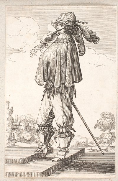 Homme, profil vers la gauche, avec épée et chapeau à plumes, montant deux marches - Salomon Savery