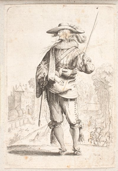 Soldat debout vu de face mais avec la tête en profil gauche. Tient un bâton dans la main gauche - Salomon Savery