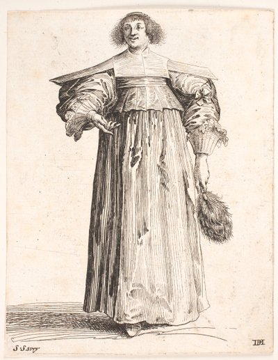 Femme vue de face. Tient un éventail de plumes dans la main gauche et fait un geste de la main droite - Salomon Savery