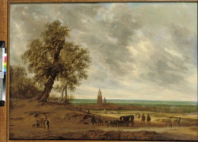 Paysage panoramique avec des voyageurs sur un chemin, la ville d