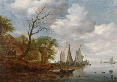 Scène fluviale avec bateaux à voile déchargeant sur le rivage - Salomon van Ruisdael or Ruysdael