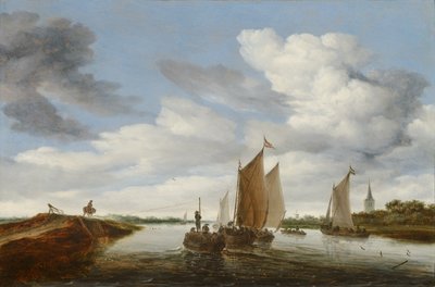 Paysage fluvial avec des voiliers et une péniche tirée par des chevaux - Salomon van Ruysdael