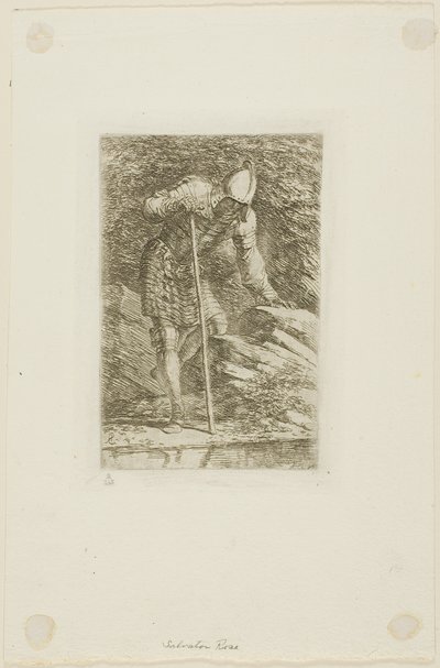 Un guerrier en armure complète dans une grotte - Salvator Rosa