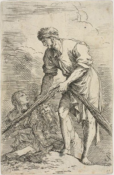Un homme tirant un filet, avec deux figures derrière lui, de la série Figurine - Salvator Rosa