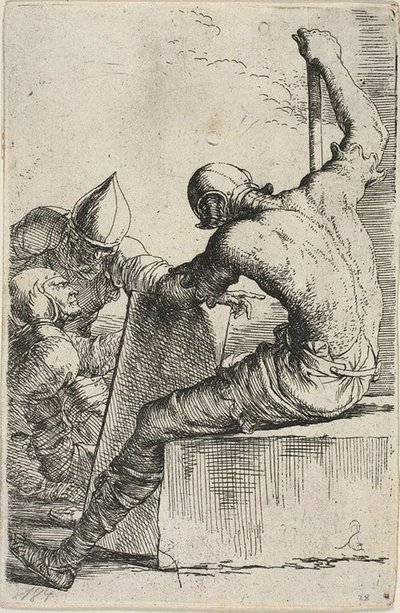 Un guerrier, assis sur un bloc au premier plan, tient un bouclier et un bâton et se tourne vers deux guerriers derrière lui, de la série Figurine - Salvator Rosa