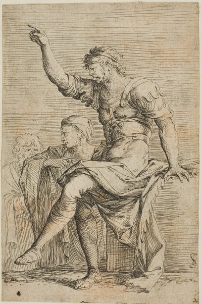 Un guerrier assis sur un bloc et fait des gestes ; deux figures sont derrière lui, de la série Figurine - Salvator Rosa