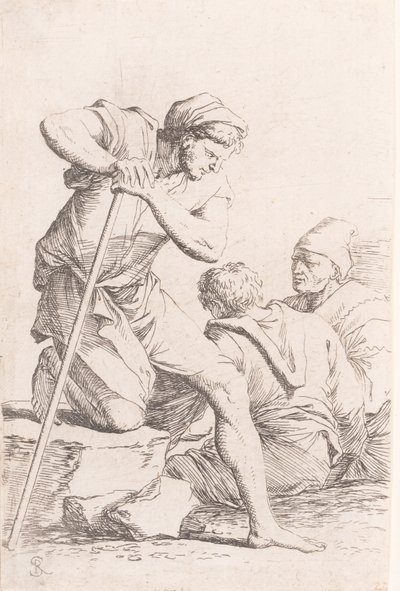 Deux hommes assis et un autre homme tenant un bâton agenouillé sur un rocher, de la série - Salvator Rosa