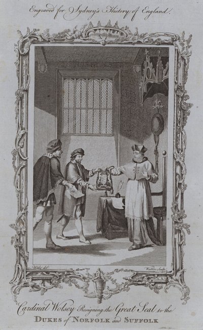 Le cardinal Wolsey remettant le grand sceau aux ducs de Norfolk et de Suffolk (gravure) - Samuel (after) Wale