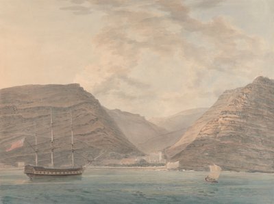 Navire de guerre amarré dans le port, montagnes en arrière-plan - Samuel Davis