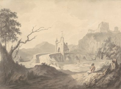 Scène de rivière et pont avec artiste dessinant au premier plan - Samuel Davis
