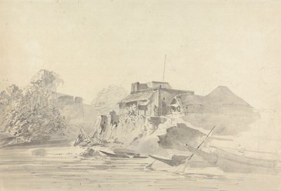 Scène de rivière avec bâtiments indigènes - Samuel Davis